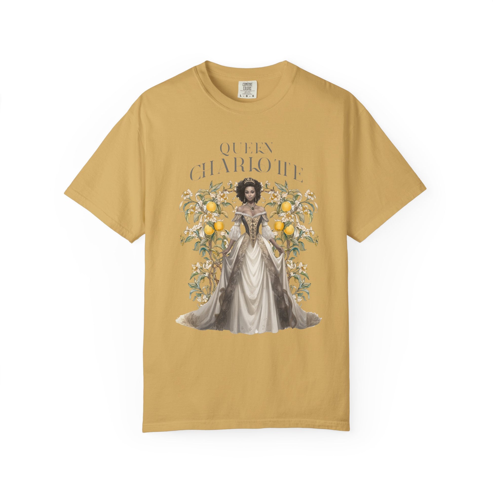 Queen Charlotte T-Shirt Literary Regency Period Tee Historical Drama Series Watching Spilling The Tea Theme Gift for Her Birthday Christmas T-Shirt Printify Mustard S