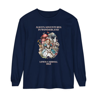 Alice in Wonderland Vintage Long Sleeve Shirt, Lewis Carroll Dark Academia TShirt, Mad Hatter Tea Party Queen of Hearts Bookish Booktok Gift Long-sleeve Printify True Navy S 