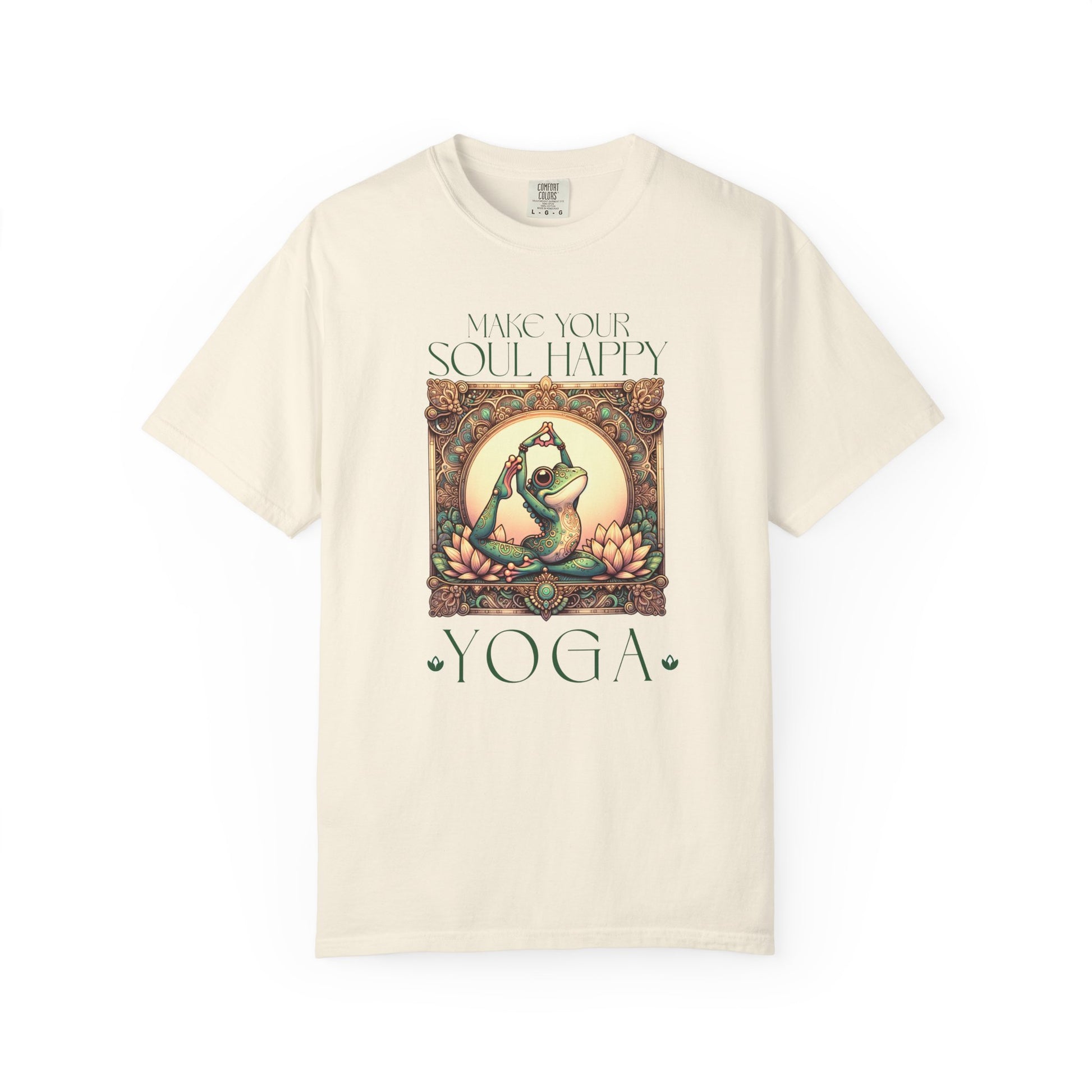 Green Yoga Frog Make Your Soul Happy Unisex T-Shirt, Casual Wear, Highlander Fan Gift, T-Shirt Printify Ivory S