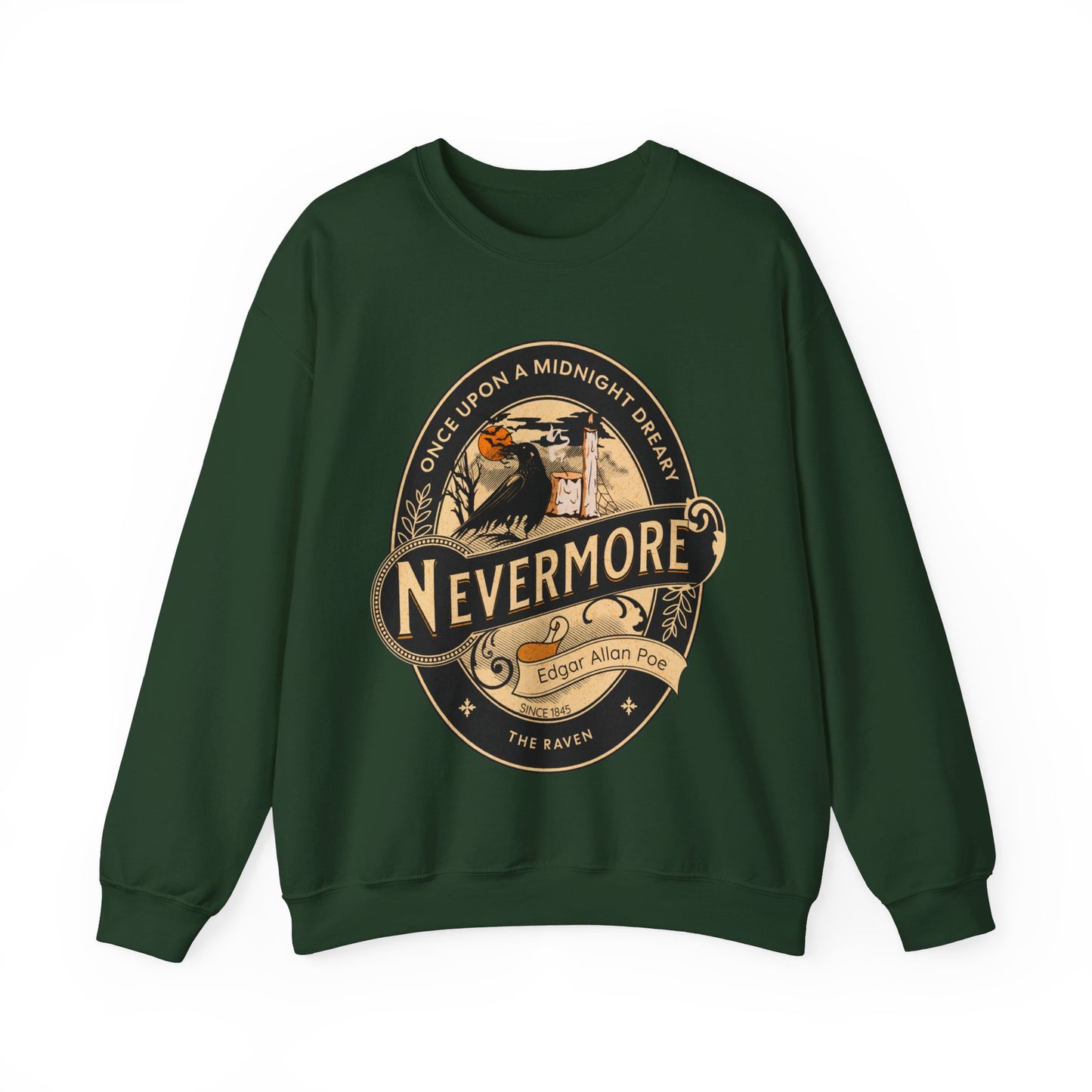 Edgar Allan Poe, Nevermore The Raven Sweatshirt, Book Lover, Halloween, Haunting Gothic Gift, Light, Dark Academia, Horror Movie Sweater Sweatshirt Printify S Forest Green 