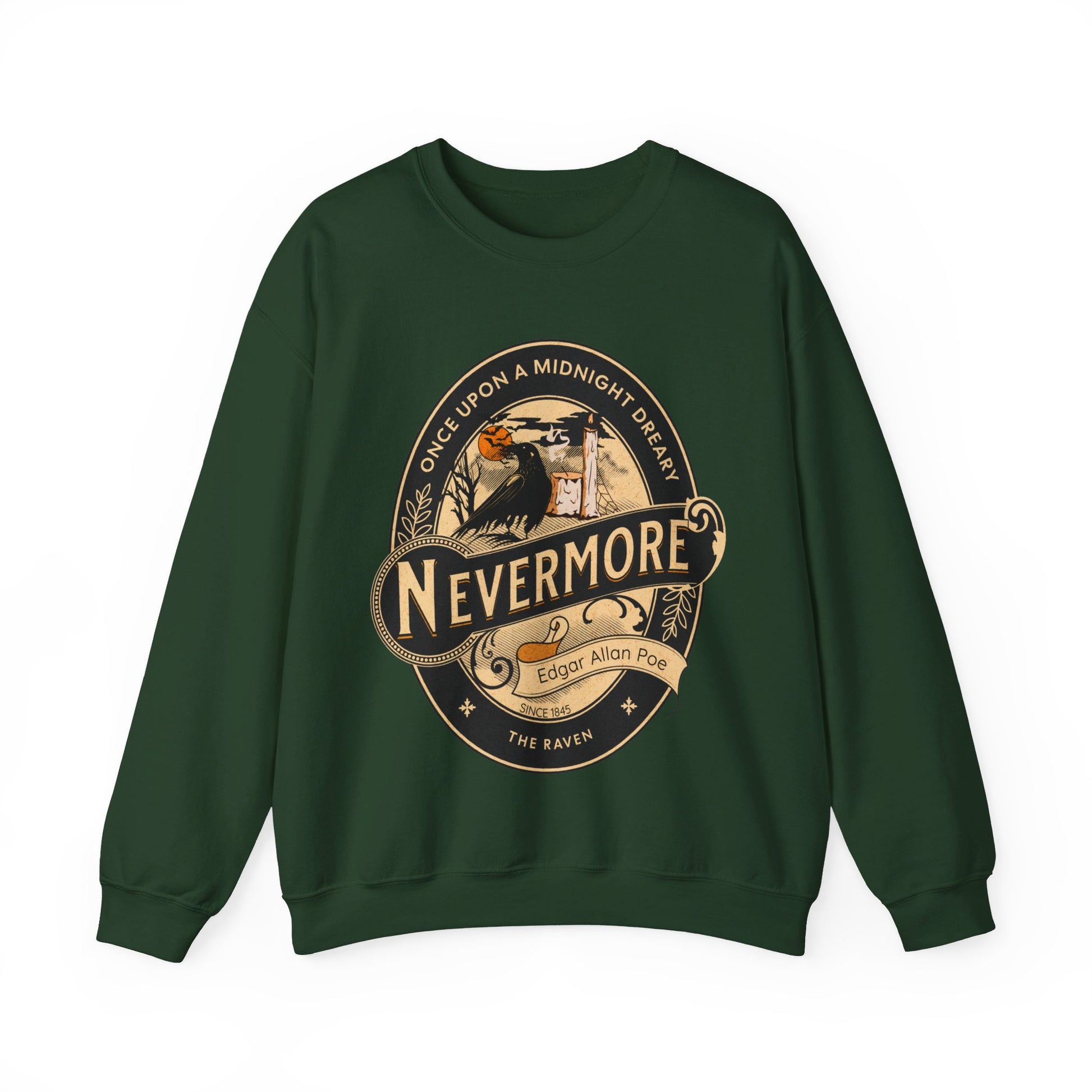 Edgar Allan Poe, Nevermore The Raven Sweatshirt, Book Lover, Halloween, Haunting Gothic Gift, Light, Dark Academia, Horror Movie Sweater Sweatshirt Printify S Forest Green 