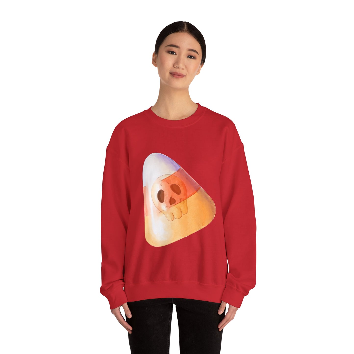 Halloween Candy Corn With Skull Face Sweatshirt, Trick or Treat Shirt, Spooky Ghost Season, Fun Halloween Fall Festival Party Sweater Sweatshirt Printify   