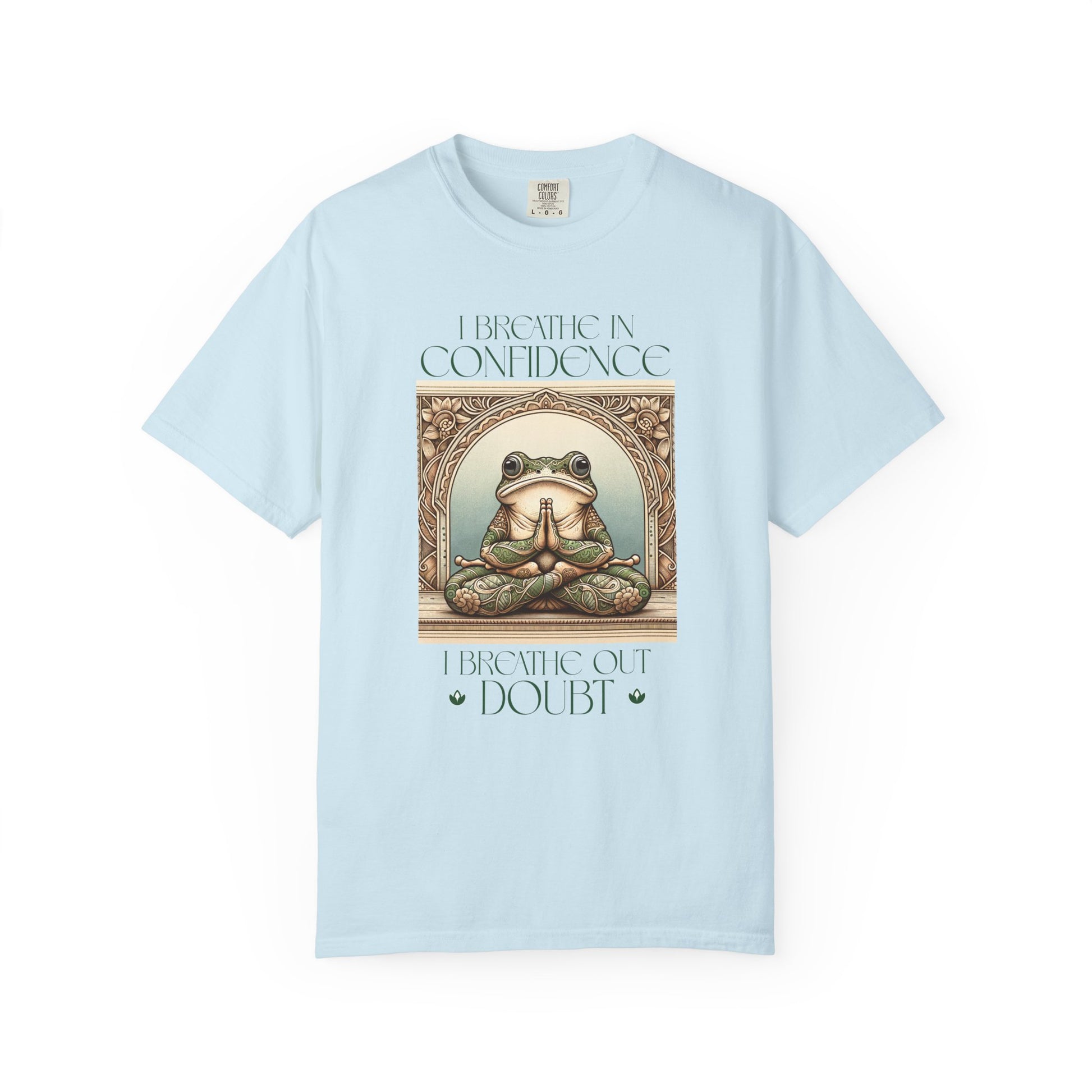 Green Yoga Frog Shirt I Breathe In Confidence And I Breathe Out Doubt Unisex T-Shirt, Casual Wear, Highlander Fan Gift, T-Shirt Printify Chambray S