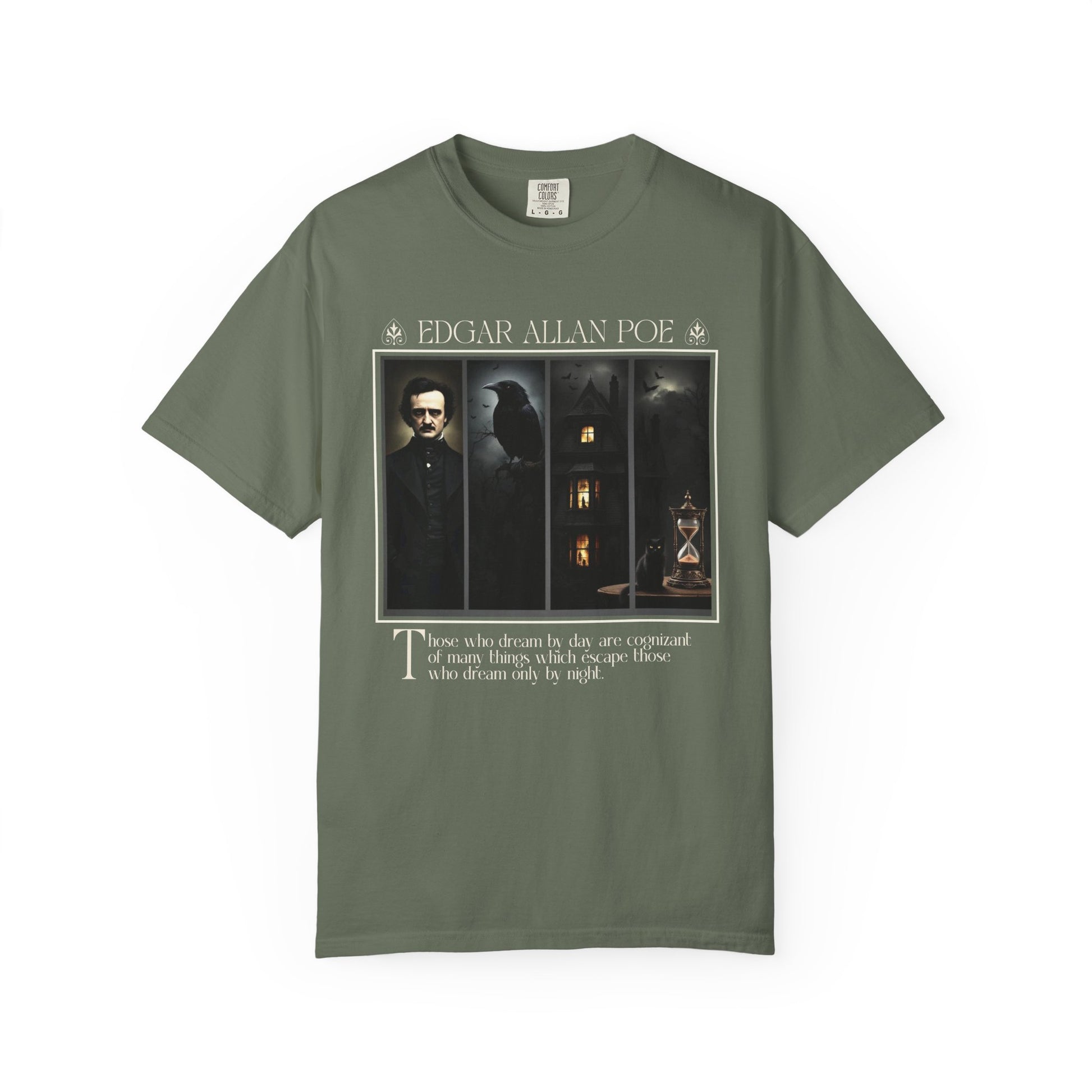 Edgar Allan Poe T-Shirt Gothic Graphic Tee The Raven Nevermore Quote Horror Literature Shirt Dark Academia Aesthetic Halloween Party Gift T-Shirt Printify Moss S