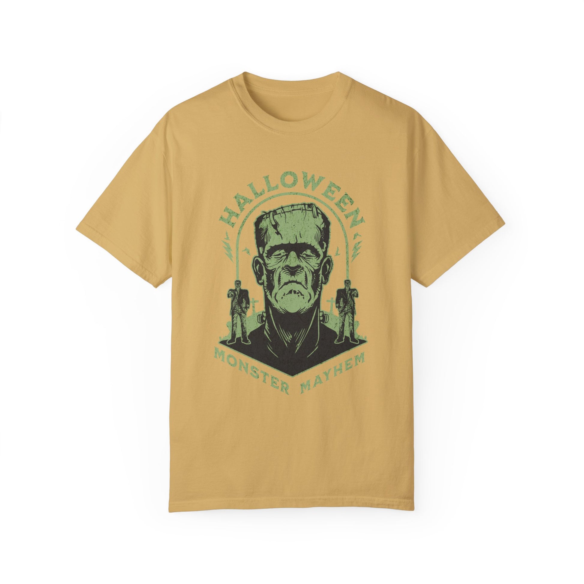Vintage Halloween Frankenstein Monster Graphic Tee, Creepy Spooky Book Lover Gift, Horror Movie, Fall Festival Party Comfort Colors T Shirt. T-Shirt Printify Mustard S 