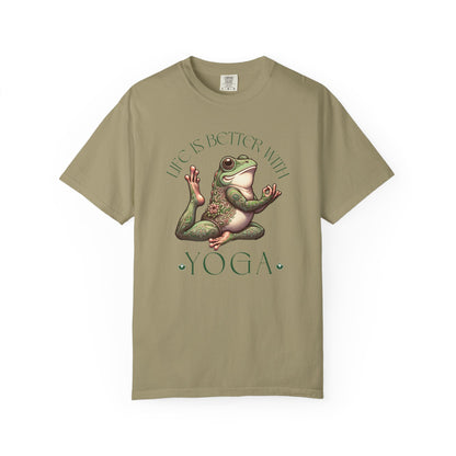 Green Yoga Frog Life Is Better With Yoga Unisex T-Shirt, Casual Wear, Highlander Fan Gift, T-Shirt Printify Khaki S