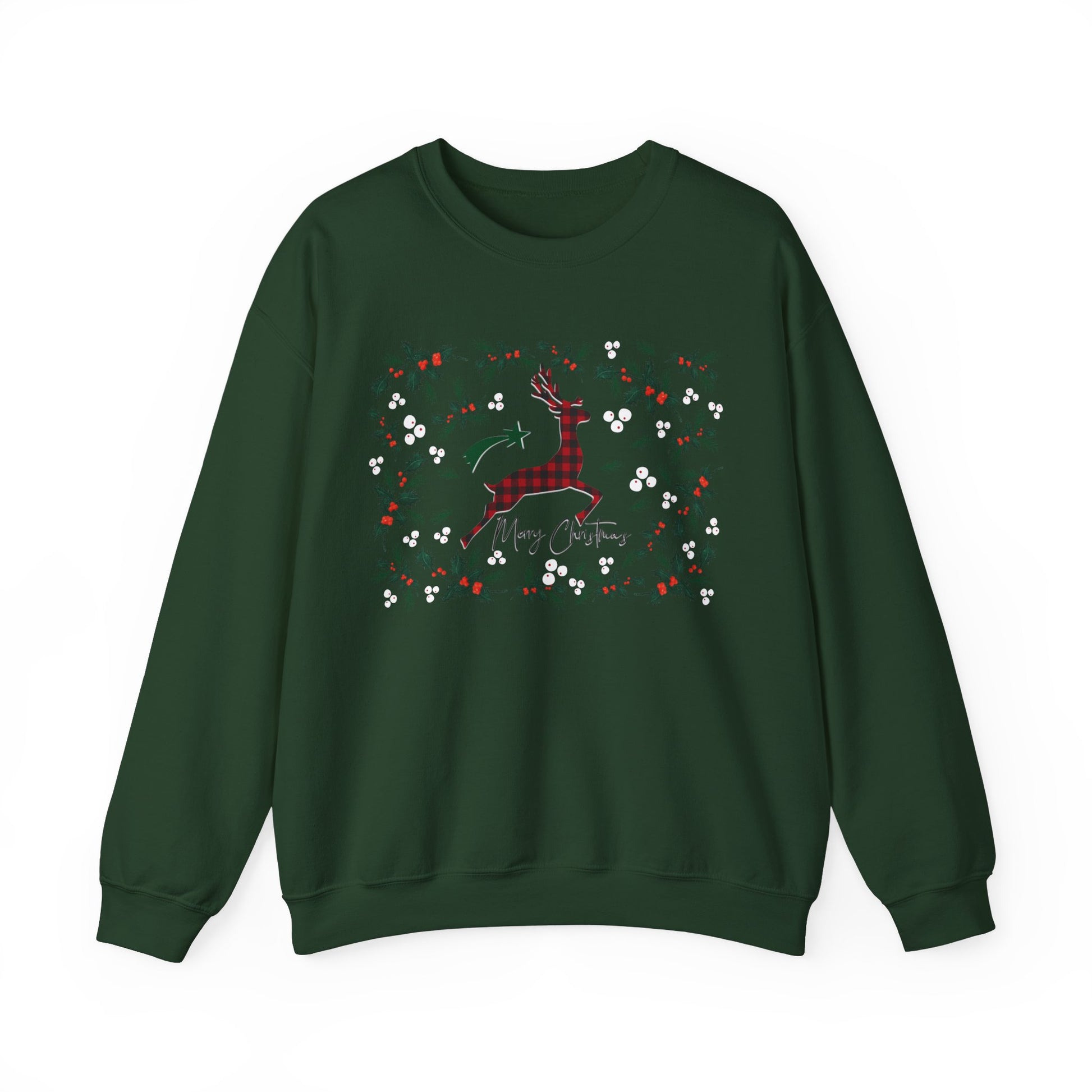 Merry Christmas Plaid Reindeer Sweatshirt, Country Reindeer Christmas Family Sweater, Christmas Shirt, Merry Christmas Shirt, Christmas Gift Sweatshirt Printify S Forest Green 