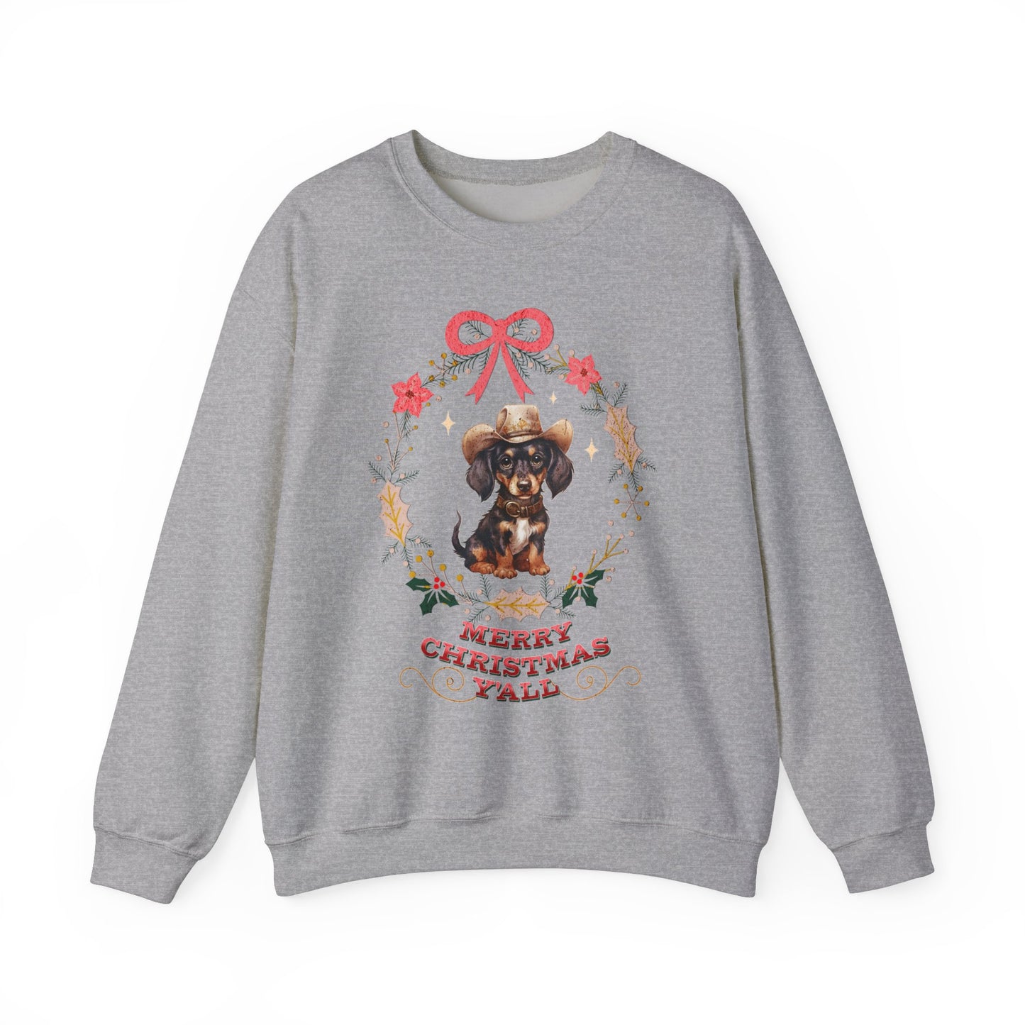 Western Dachshund Wiener Christmas Sweatshirt, Doxie Lover Gift Cowgirl Country Southern Rodeo Christmas Sweater, Animal Lover Farm Life Git Sweatshirt Printify S Sport Grey 