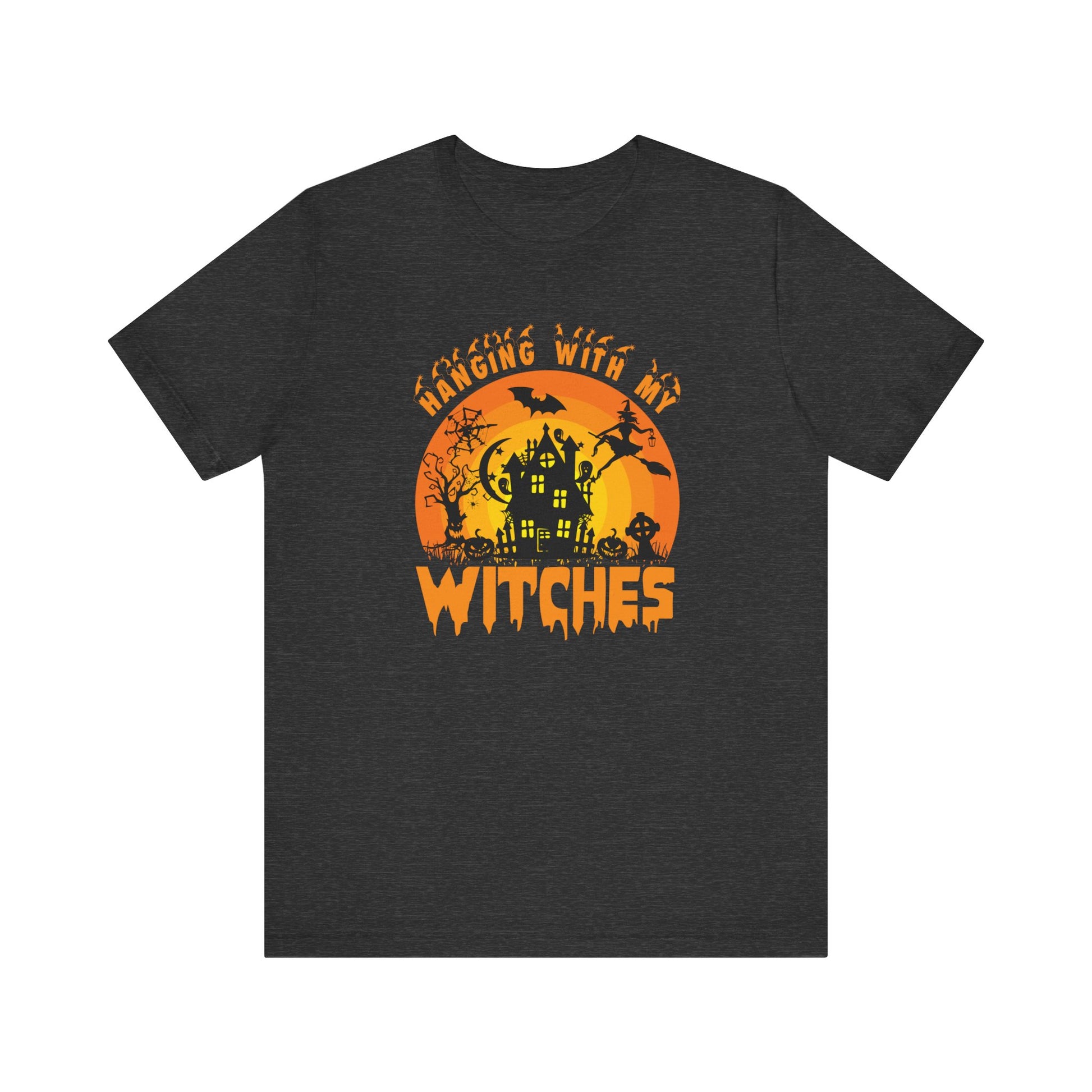 Witches and Haunted House Shirt,  Spooky Halloween Season Graphic Tee, Sunset Halloween Design, Creepy Fall or Autumn Style T Shirt, T-Shirt Printify Dark Grey Heather XS 