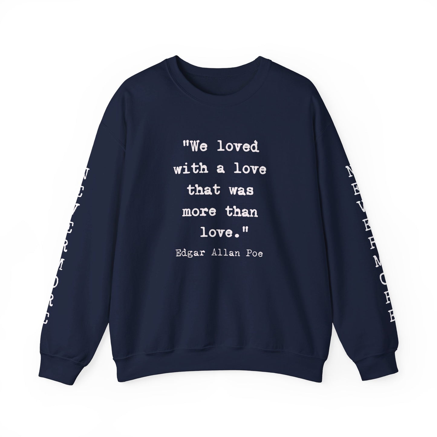 Edgar Allan Poe Sleeve Print Vintage Raven Poem Sweatshirt, Poetry Book Lover Sweater, Haunting Gothic Gift, Light, Dark Academia, Nevermore Sweatshirt Printify S Navy 