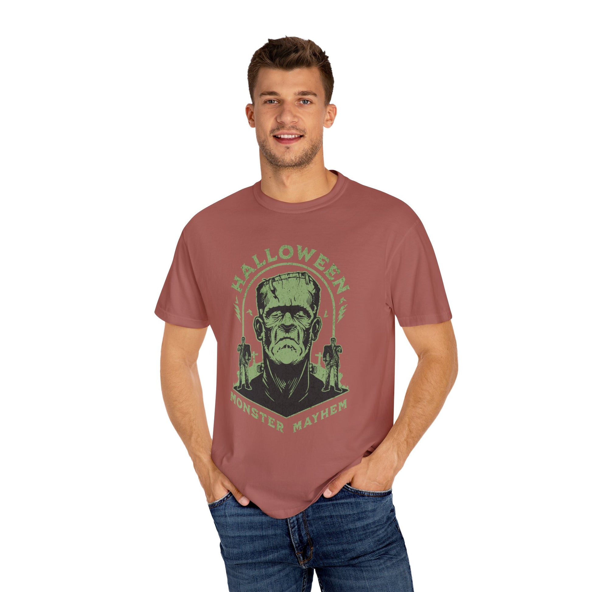 Vintage Halloween Frankenstein Monster Graphic Tee, Creepy Spooky Book Lover Gift, Horror Movie, Fall Festival Party Comfort Colors T Shirt. T-Shirt Printify   