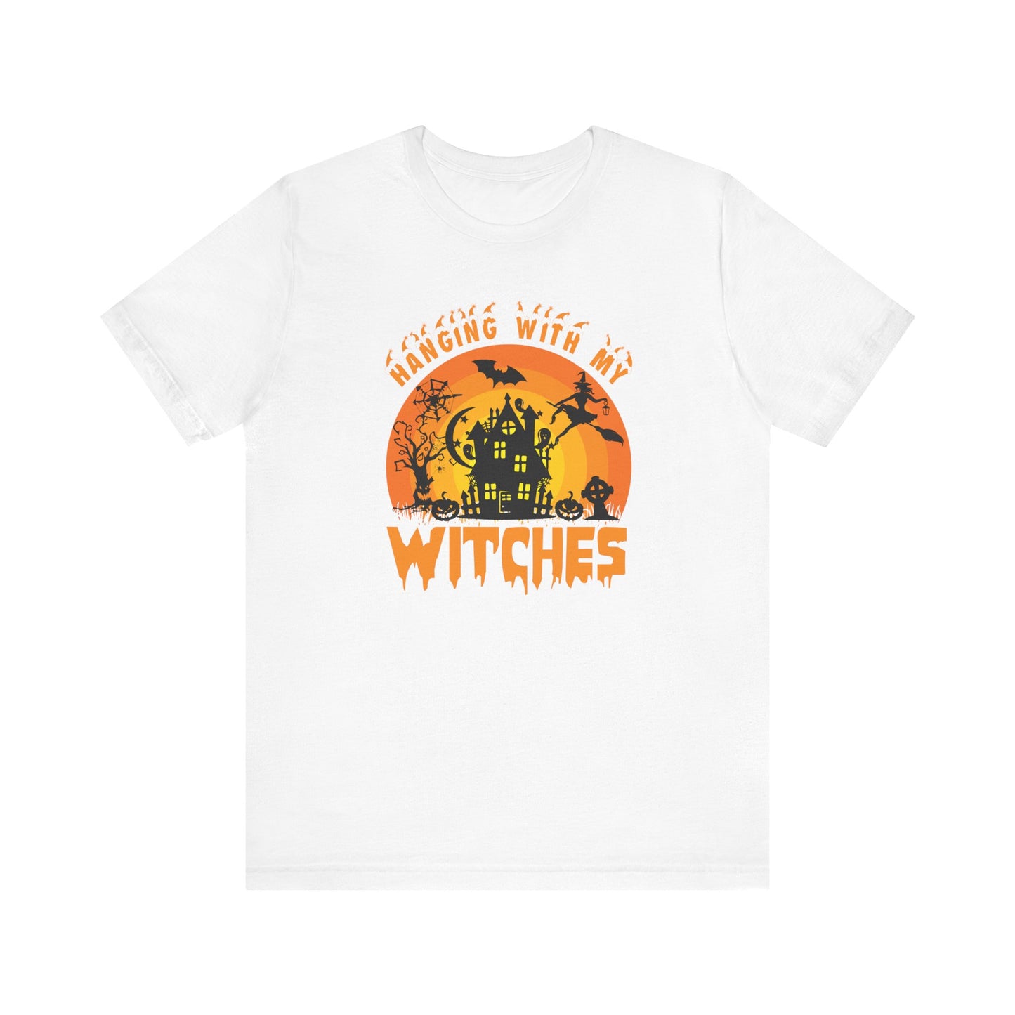 Witches and Haunted House Shirt,  Spooky Halloween Season Graphic Tee, Sunset Halloween Design, Creepy Fall or Autumn Style T Shirt, T-Shirt Printify White XS 