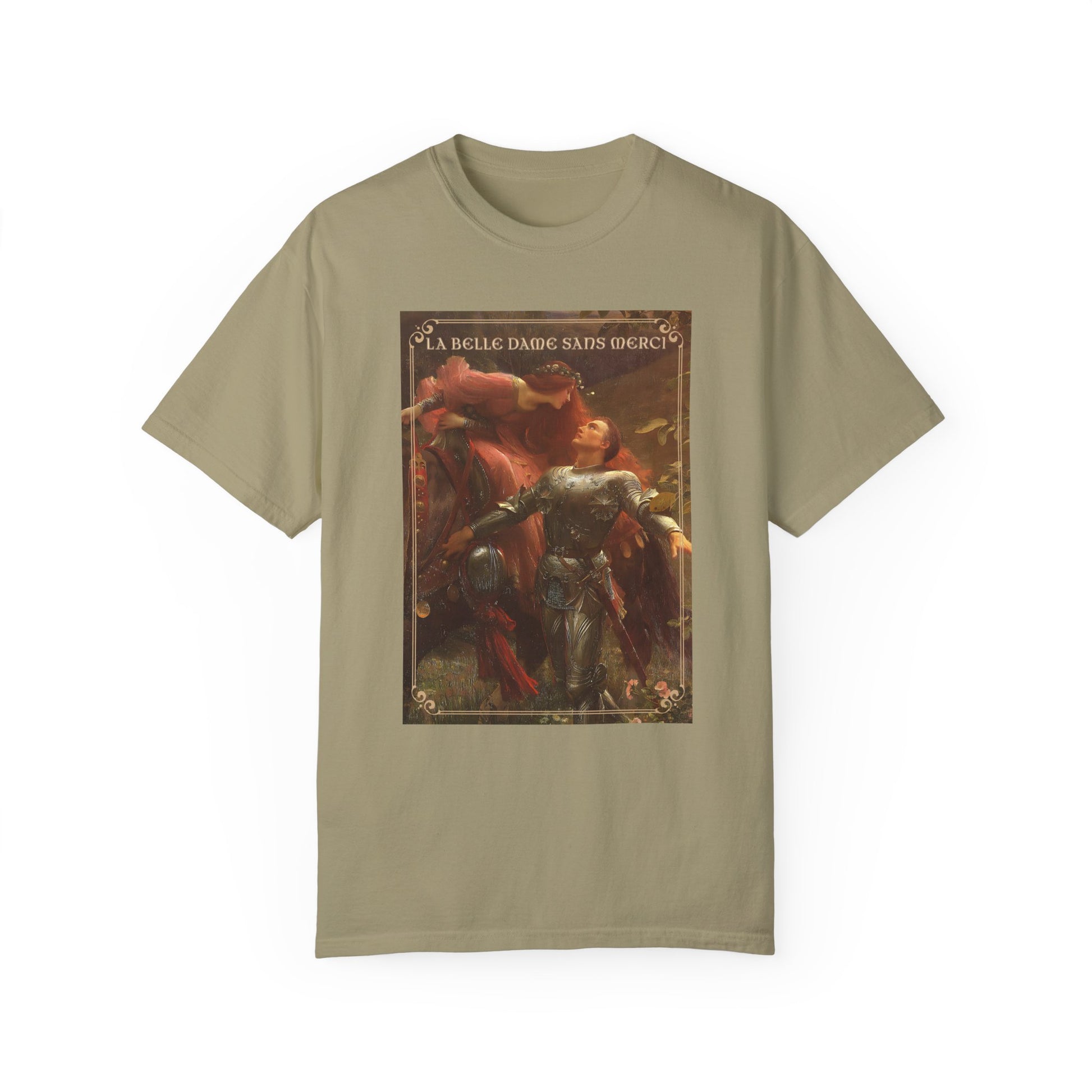 La Belle Dame Sans Merci Print T-Shirt Renaissance Renfaire Theme Merch Perfect Comfortable Medieval Festival Shirt Art History Lover Gift T-Shirt Printify Khaki S