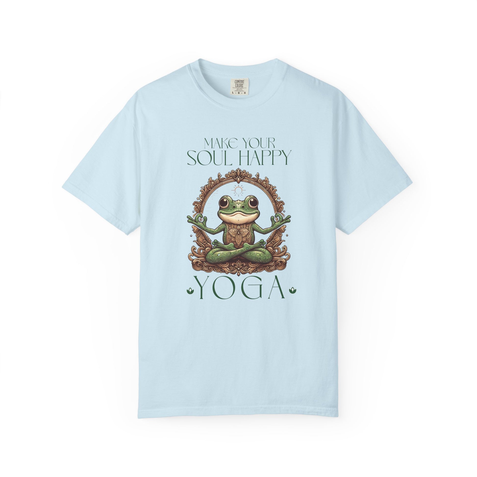 Green Yoga Frog Make Your Soul Happy Unisex T-Shirt, Casual Wear, Highlander Fan Gift, T-Shirt Printify Chambray S