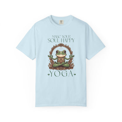 Green Yoga Frog Make Your Soul Happy Unisex T-Shirt, Casual Wear, Highlander Fan Gift, T-Shirt Printify Chambray S
