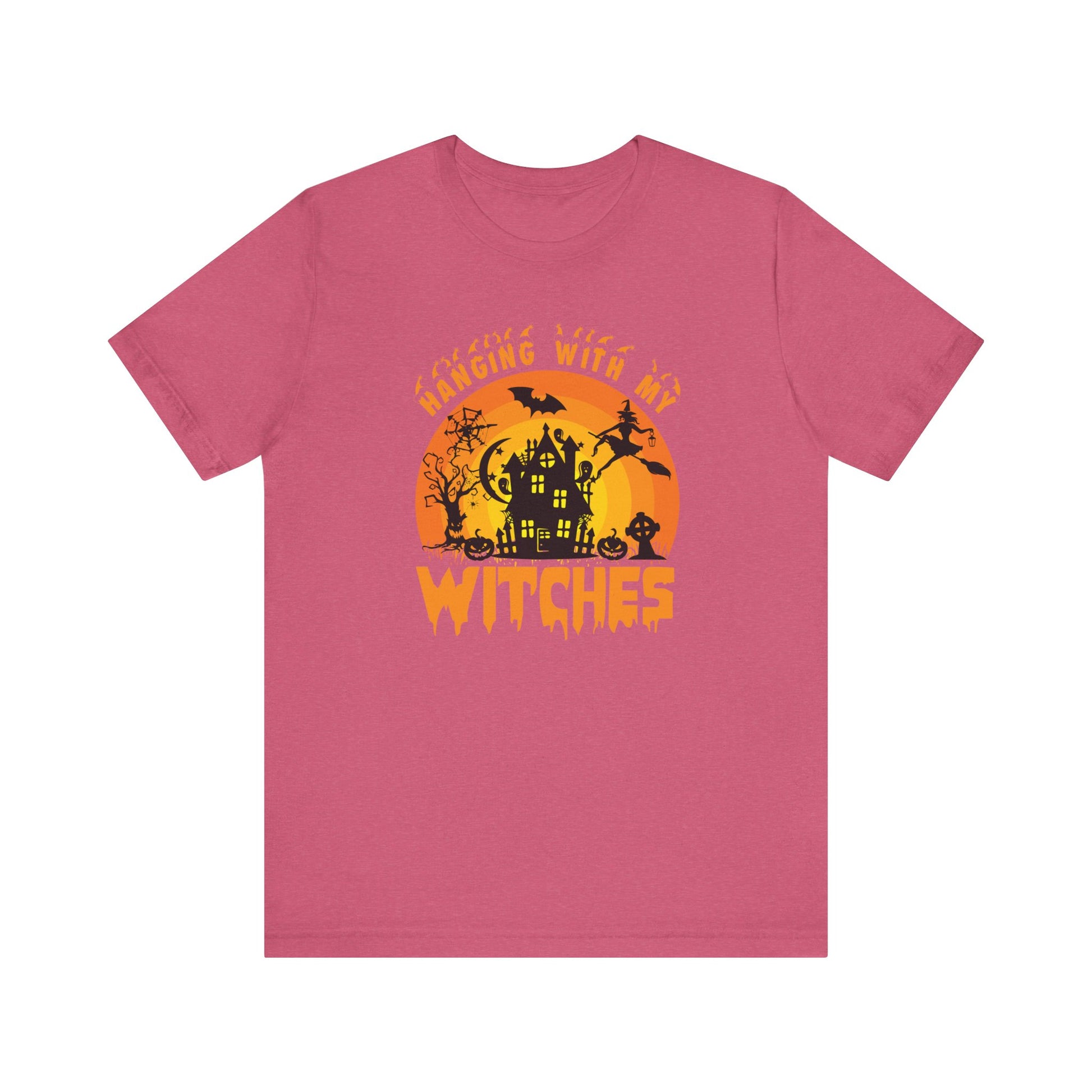 Witches and Haunted House Shirt,  Spooky Halloween Season Graphic Tee, Sunset Halloween Design, Creepy Fall or Autumn Style T Shirt, T-Shirt Printify Heather Raspberry XS 