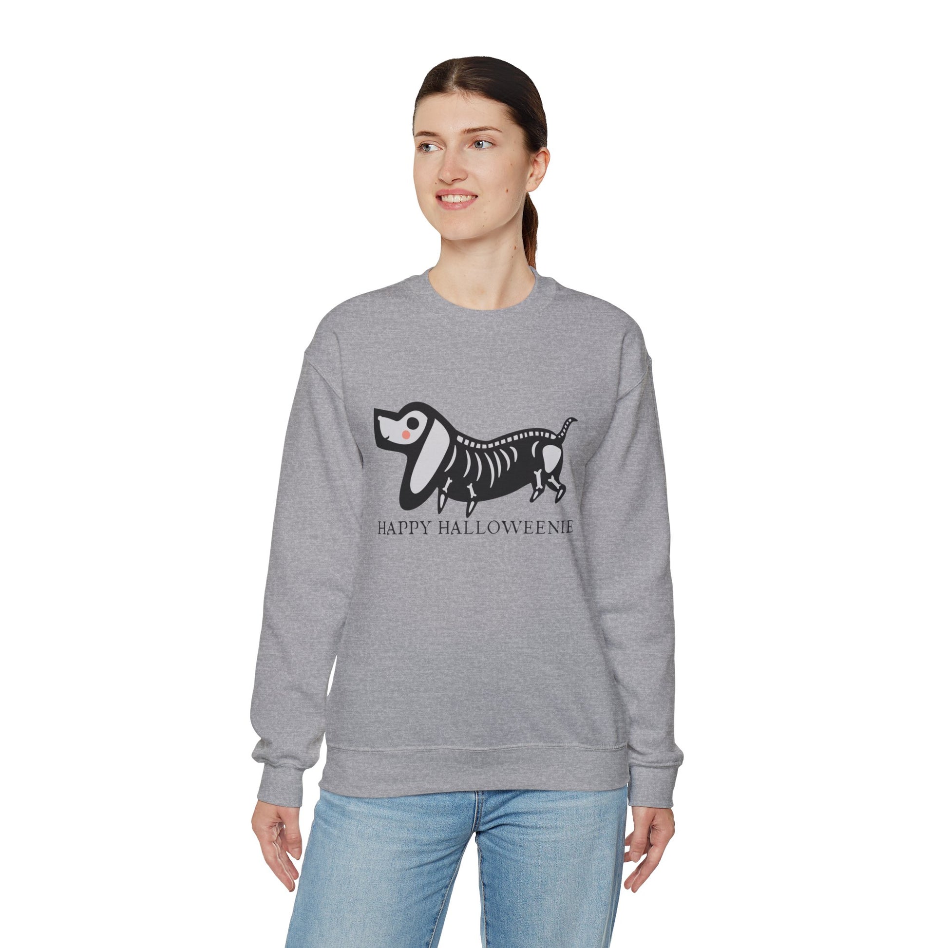 Funny Halloween Dachshund Lover Sweatshirt, Skeleton Dachshund Walking Graphic, Trick or Treat Shirt, Spooky Season, Happy Halloweenie Top Sweatshirt Printify   