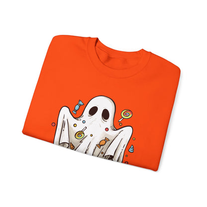 Cute Halloween Ghost Floating, Covered in Candy Sweatshirt, Trick or Treat Shirt, Spooky Ghost Season, Fun Halloween Party, Festival Sweater Sweatshirt Printify   