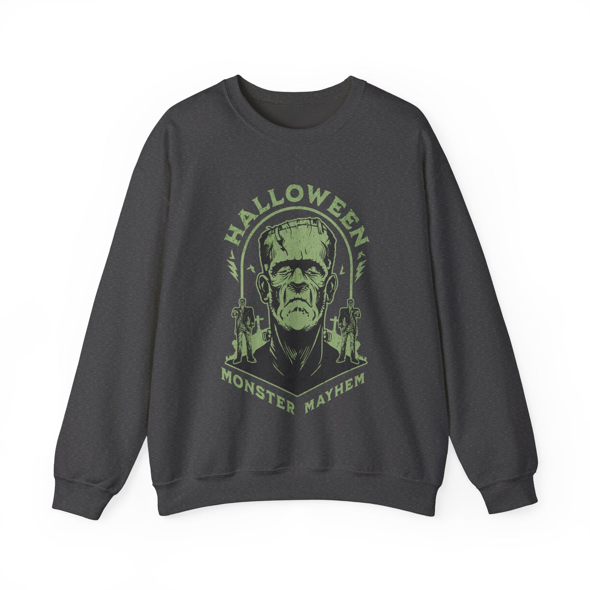 Vintage Halloween Frankenstein Monster Graphic Sweatshirt, Creepy Spooky Book Lover Gift, Horror Movie, Fall Festival Party Sweater. Sweatshirt Printify S Dark Heather 