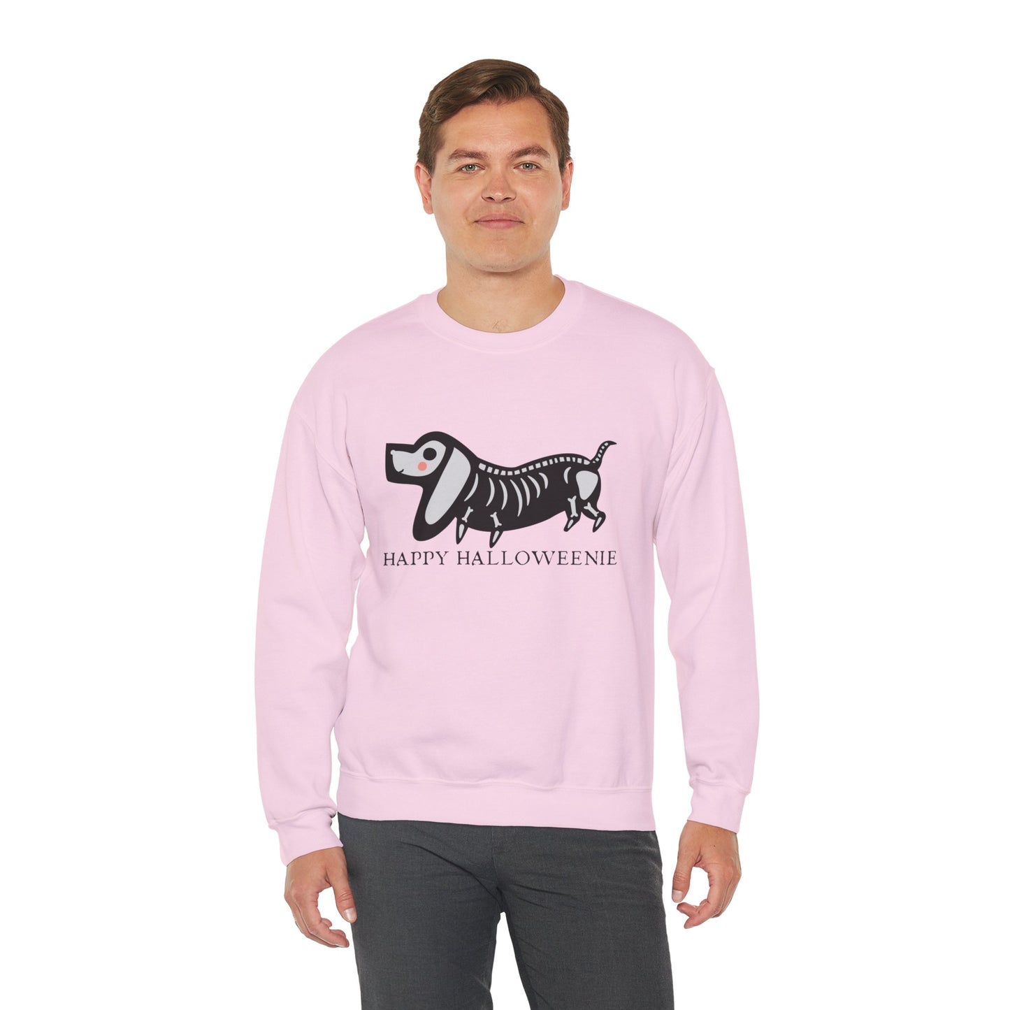 Funny Halloween Dachshund Lover Sweatshirt, Skeleton Dachshund Walking Graphic, Trick or Treat Shirt, Spooky Season, Happy Halloweenie Top Sweatshirt Printify   