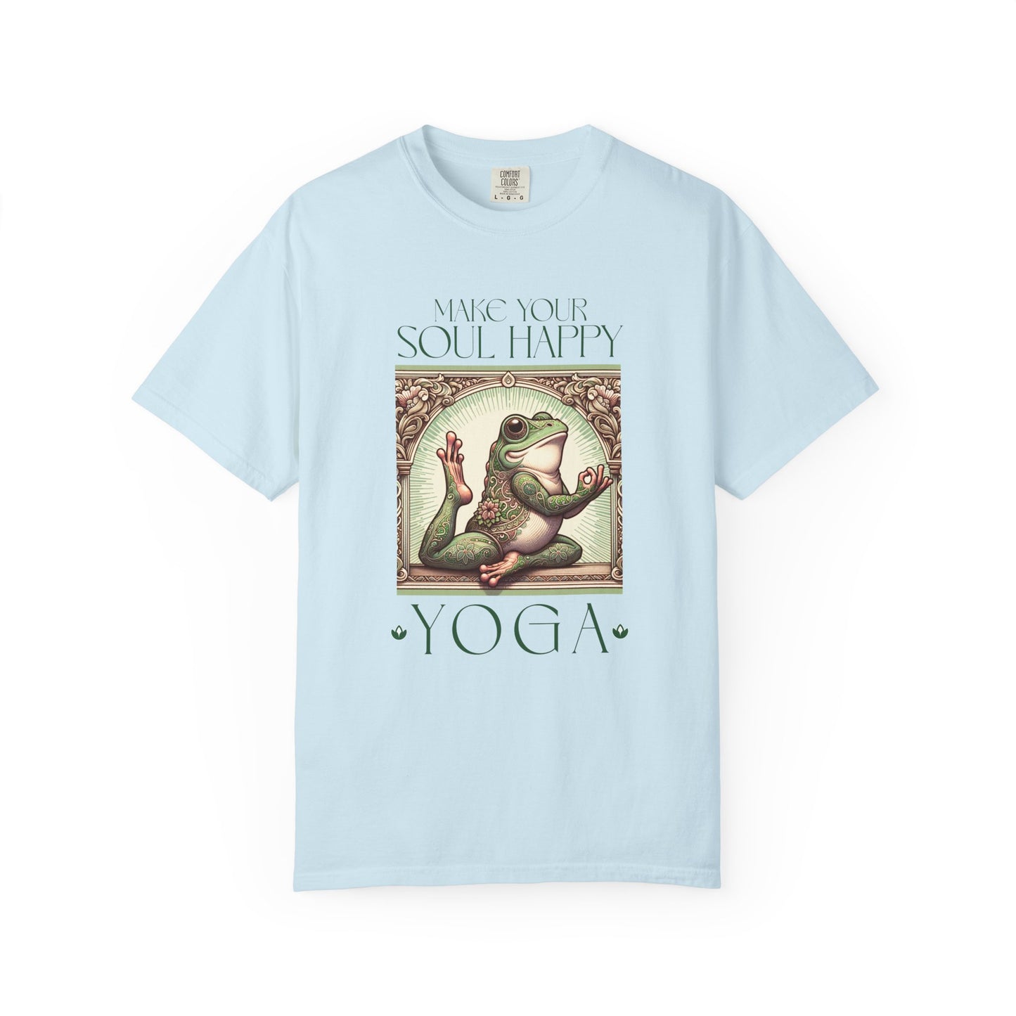 Yoga Frog Make Your Soul Happy Green Unisex T-Shirt, Casual Wear, Highlander Fan Gift, Comfortable Graphic Tee T-Shirt Printify Chambray S