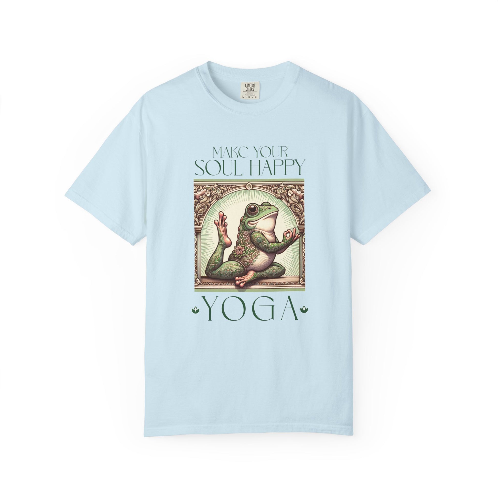 Yoga Frog Make Your Soul Happy Green Unisex T-Shirt, Casual Wear, Highlander Fan Gift, Comfortable Graphic Tee T-Shirt Printify Chambray S