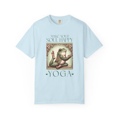 Yoga Frog Make Your Soul Happy Green Unisex T-Shirt, Casual Wear, Highlander Fan Gift, Comfortable Graphic Tee T-Shirt Printify Chambray S