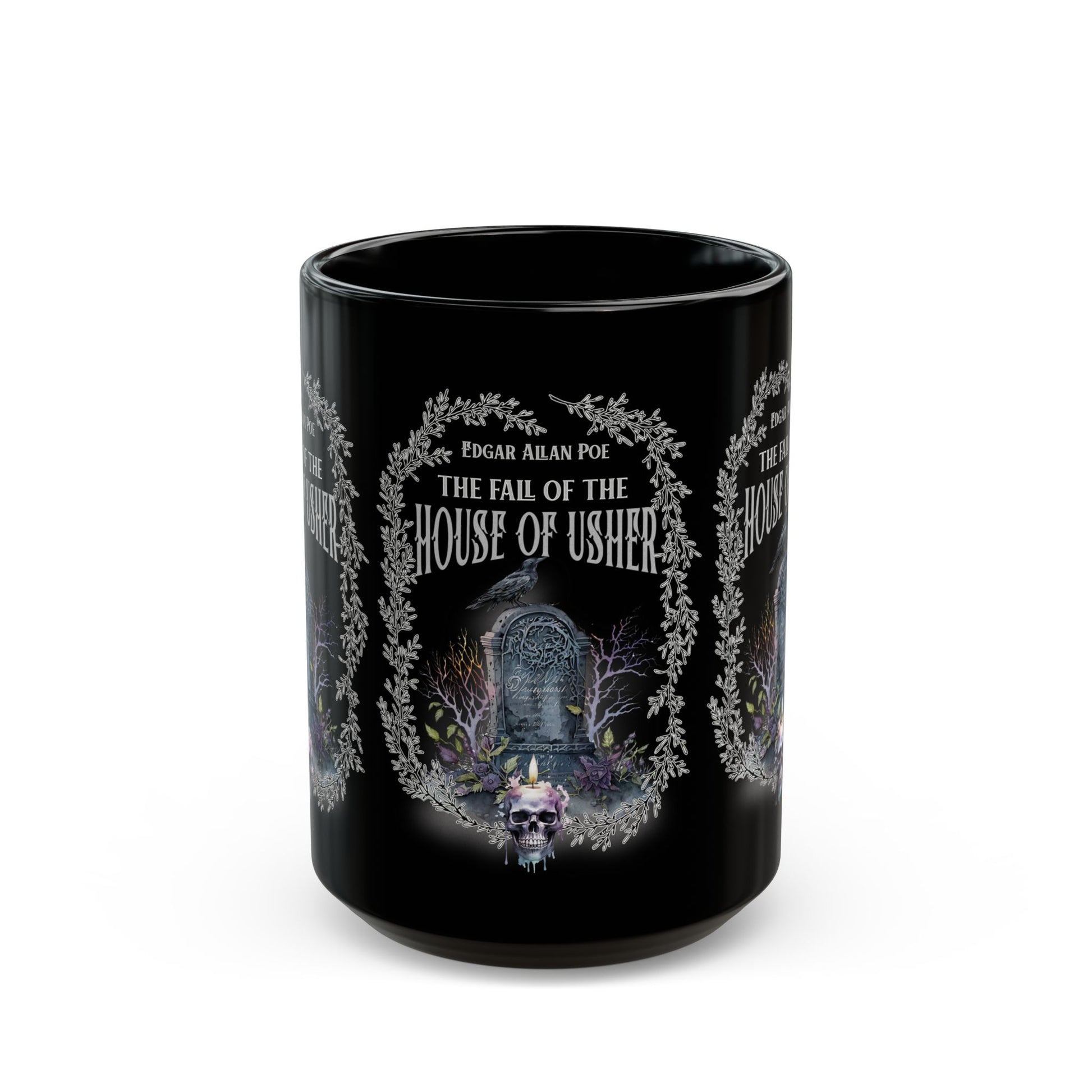 Edgar Allan Poe Coffee Mug The Raven The Fall Of The House of Usher Goth Haunting Horror Movie Books Dark Academia Halloween Bookclub Gift Mug Printify 15oz  