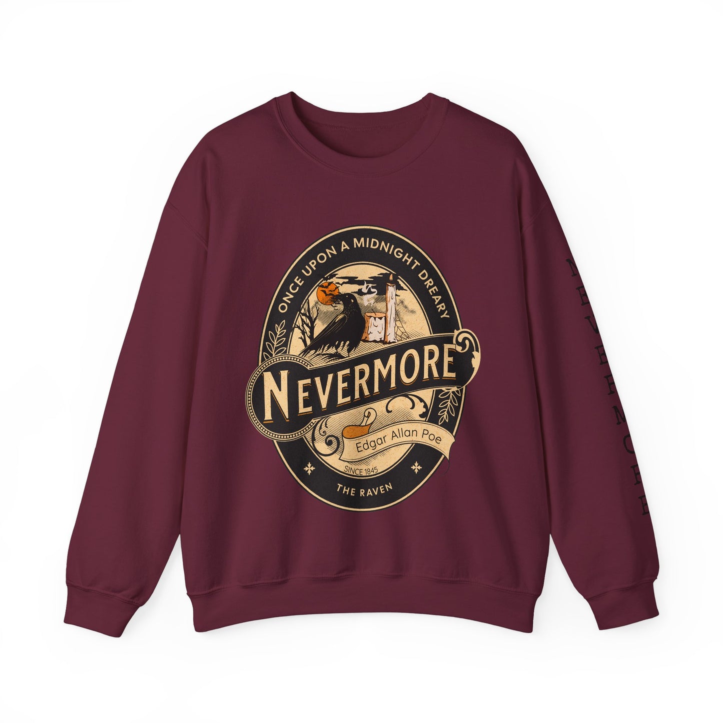 Edgar Allan Poe, Sleeve Print Nevermore The Raven Sweatshirt, Book Lover, Halloween, Haunting Gothic Gift, Light, Dark Academia, Horror Movie Sweater Sweatshirt Printify S Maroon 