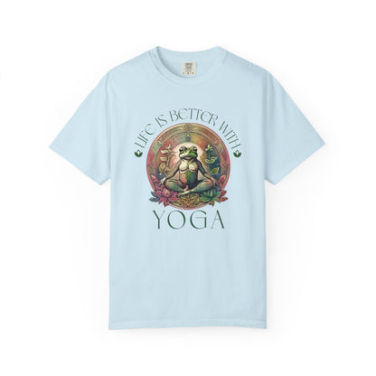 Green Yoga Frog Life Is Better With Yoga Unisex T-Shirt, Casual Wear, Highlander Fan Gift, T-Shirt Printify Chambray S