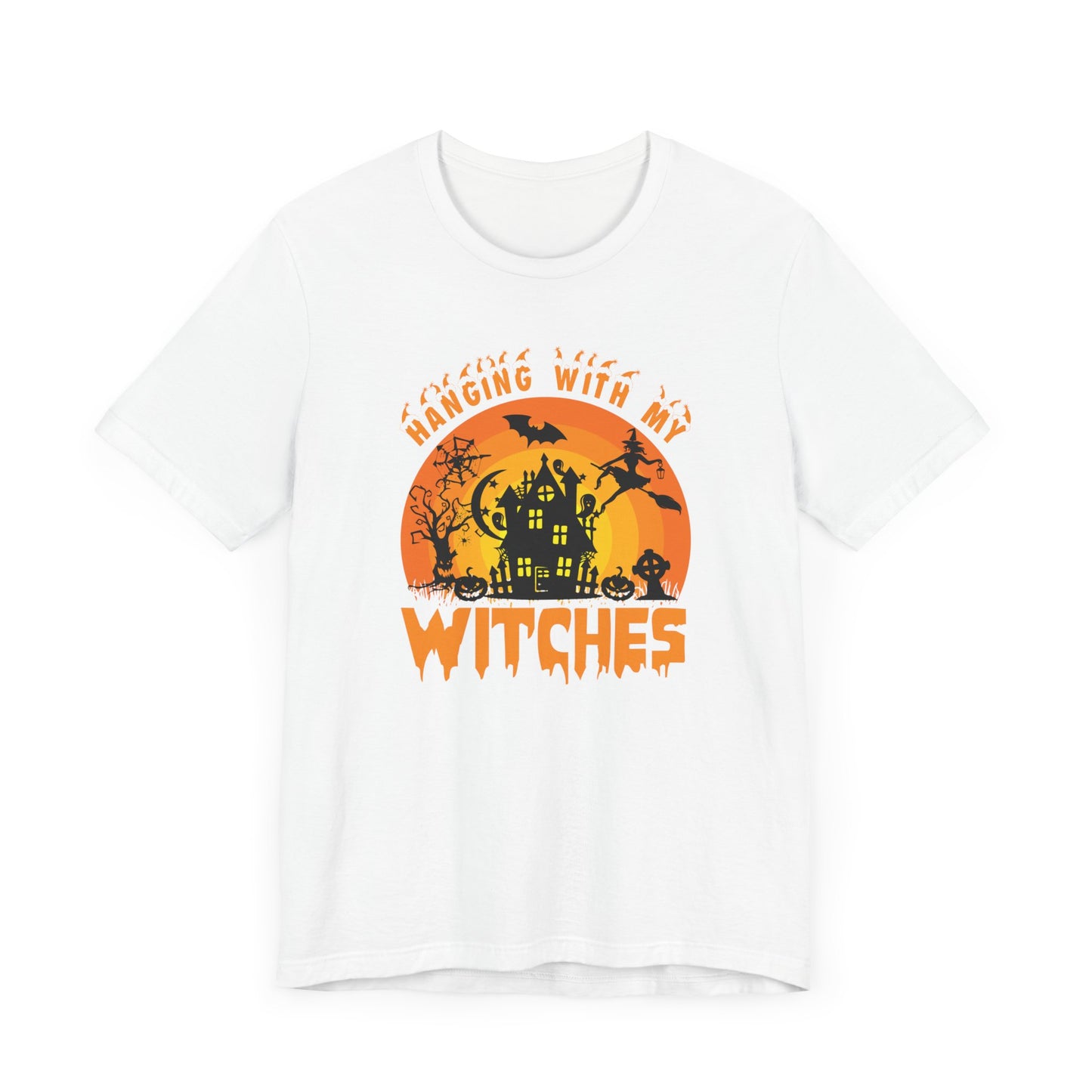 Witches and Haunted House Shirt,  Spooky Halloween Season Graphic Tee, Sunset Halloween Design, Creepy Fall or Autumn Style T Shirt, T-Shirt Printify   