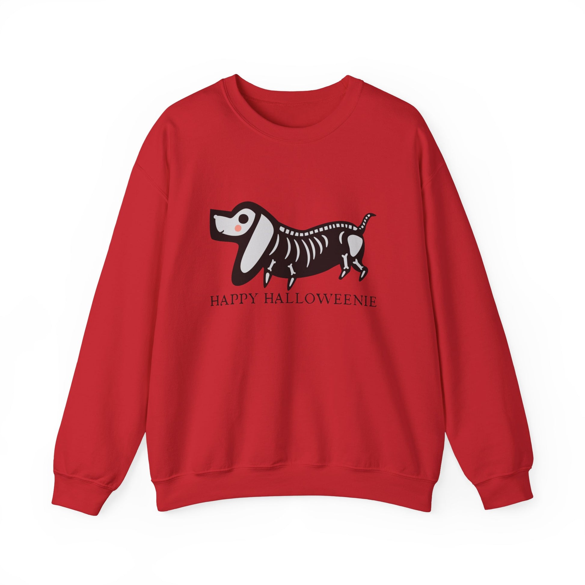 Funny Halloween Dachshund Lover Sweatshirt, Skeleton Dachshund Walking Graphic, Trick or Treat Shirt, Spooky Season, Happy Halloweenie Top Sweatshirt Printify S Red 