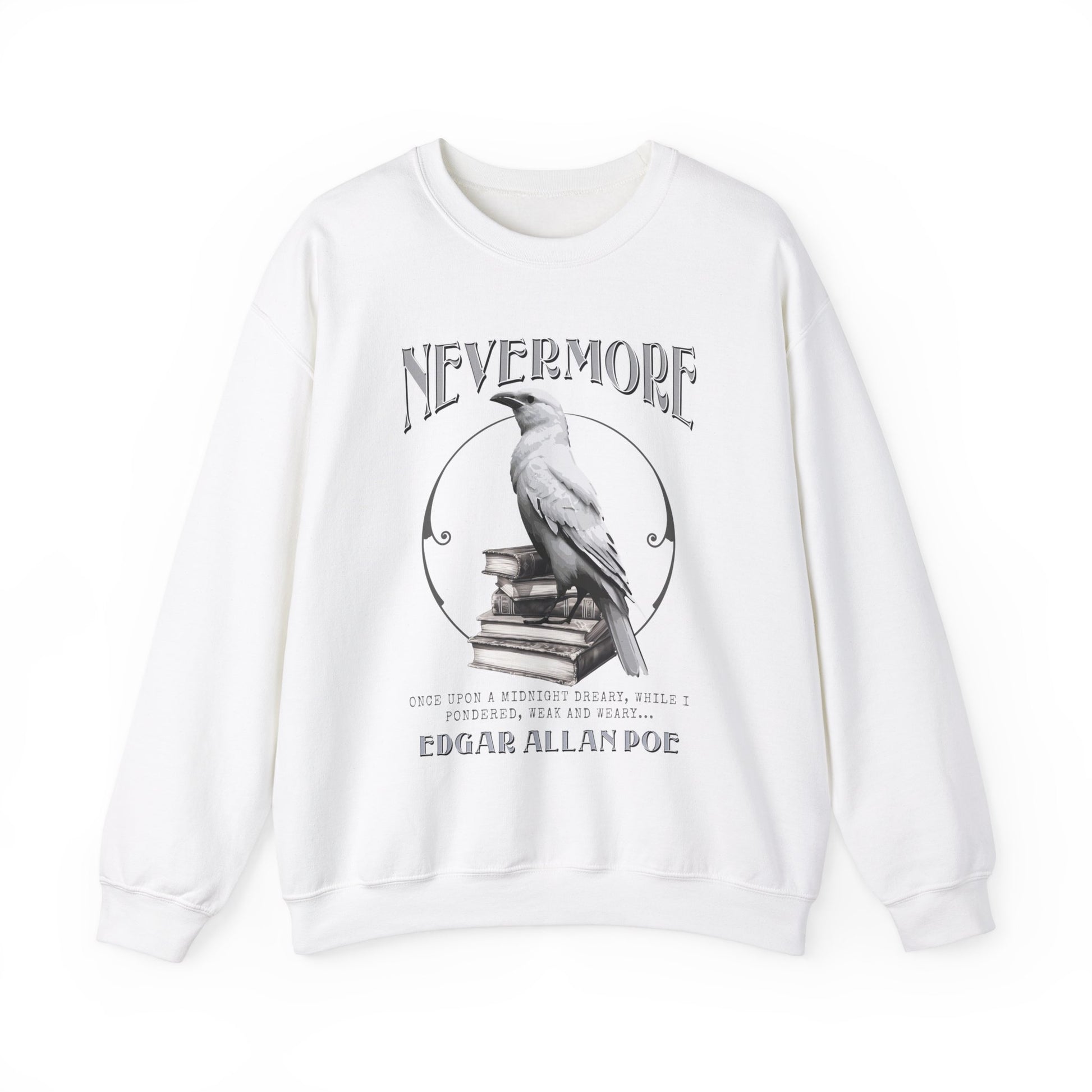 The White Raven Edgar Allan Poe Nevermore Sweatshirt Book Lover Halloween Haunting Gothic Gift Light Dark Academia Horror Movie Bookclub Sweater Sweatshirt Printify S White 