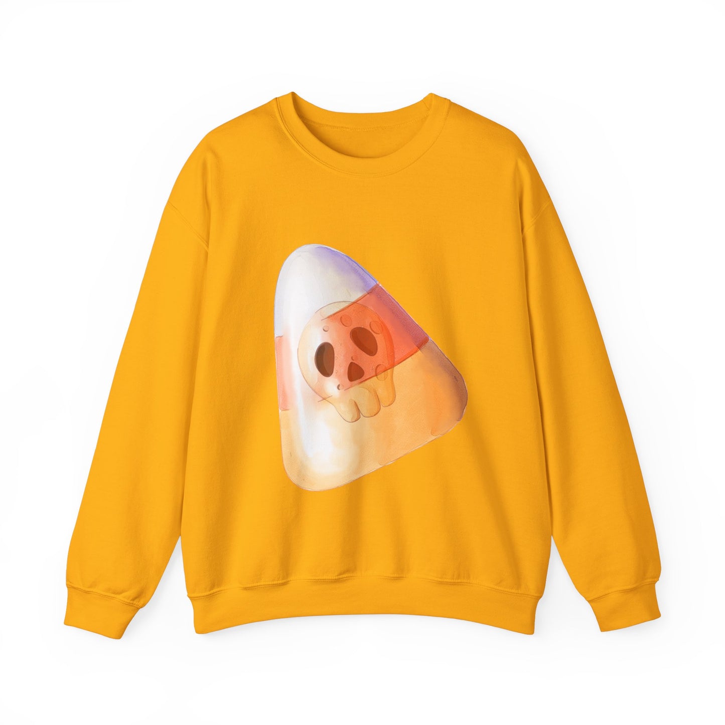 Halloween Candy Corn With Skull Face Sweatshirt, Trick or Treat Shirt, Spooky Ghost Season, Fun Halloween Fall Festival Party Sweater Sweatshirt Printify S Gold 