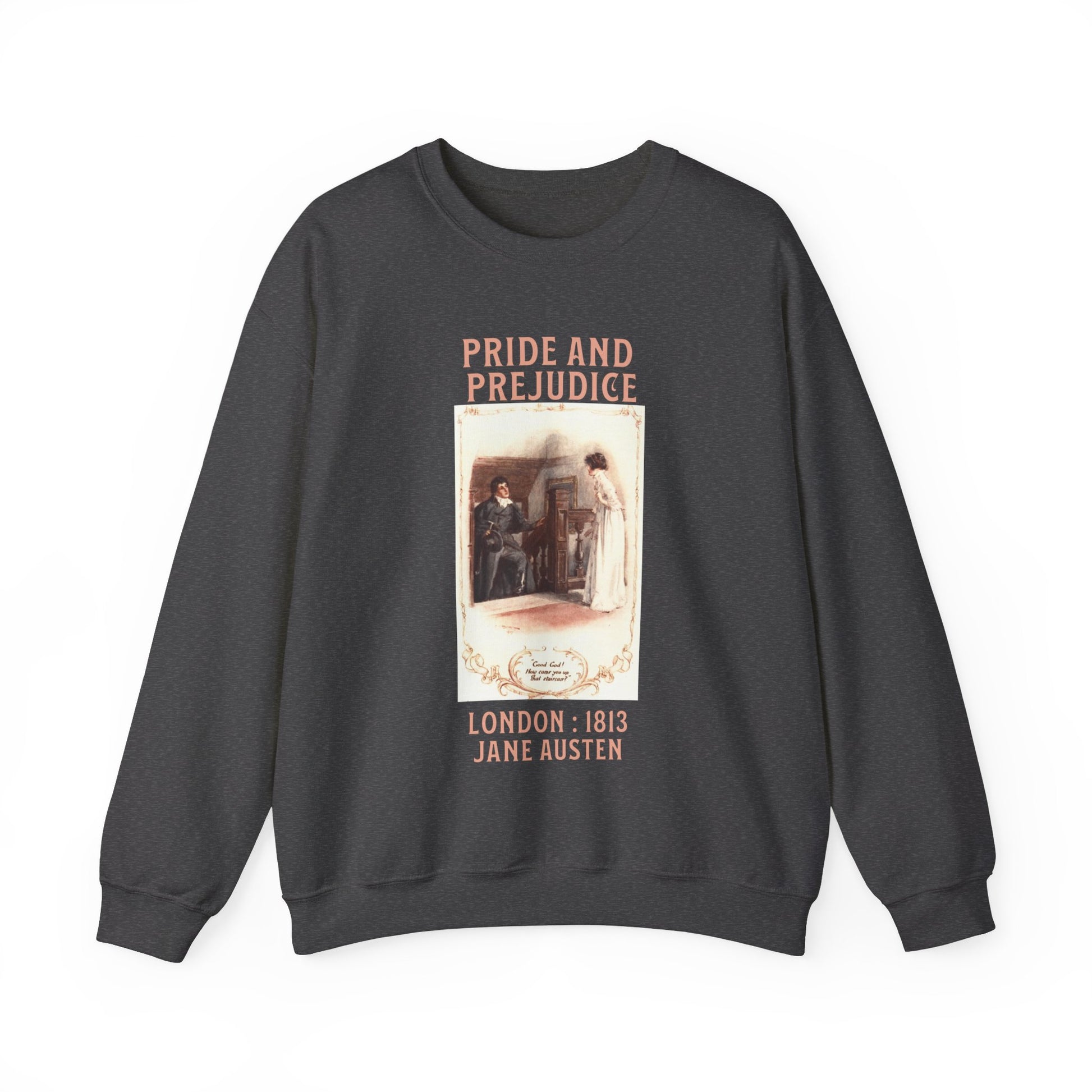 Jane Austen Sweatshirt, Pride & Prejudice Historical Romance Sweater, Bookish Literary Jane Austen Fan Art, Gift for Her, Bookclub Shirt Sweatshirt Printify S Dark Heather 