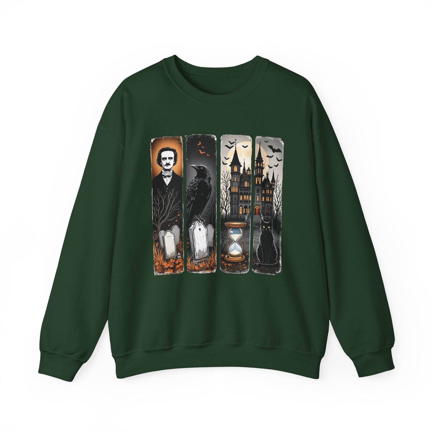 Edgar Allan Poe Sweatshirt The Raven Nevermore Gothic Horror Sweater Dark Academia Macabre Halloween Gift for Book Lovers Birthday Christmas Sweatshirt Printify Forest Green S