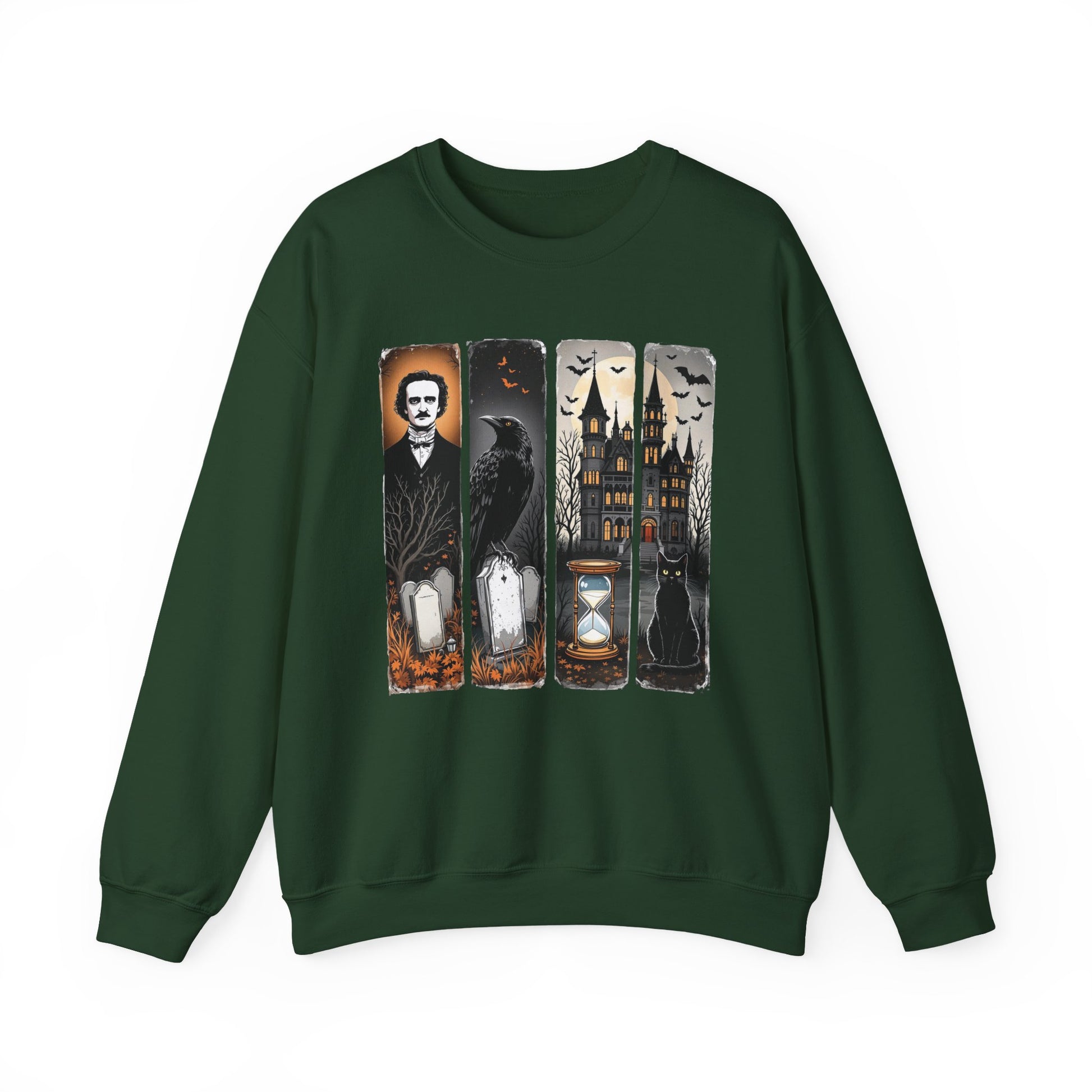 Edgar Allan Poe Sweatshirt The Raven Nevermore Gothic Horror Sweater Dark Academia Macabre Halloween Gift for Book Lovers Birthday Christmas Sweatshirt Printify Forest Green S