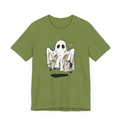 Cute Halloween Ghost Floating, Covered in Candy TShirt, Trick or Treat Shirt, Spooky Ghost Season Tee, Fun Halloween Party, Festival T-Shirt T-Shirt Printify   