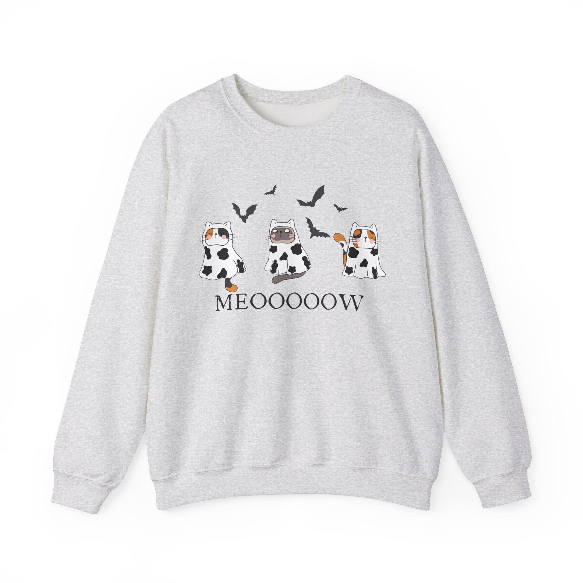 Cute Halloween Cow Ghost Cats Sweatshirt, Cats in Cow Ghost Costumes, Spooky Season Sweater, Halloween Party Shirt, Cat Lover Gift Sweatshirt Printify S Ash 