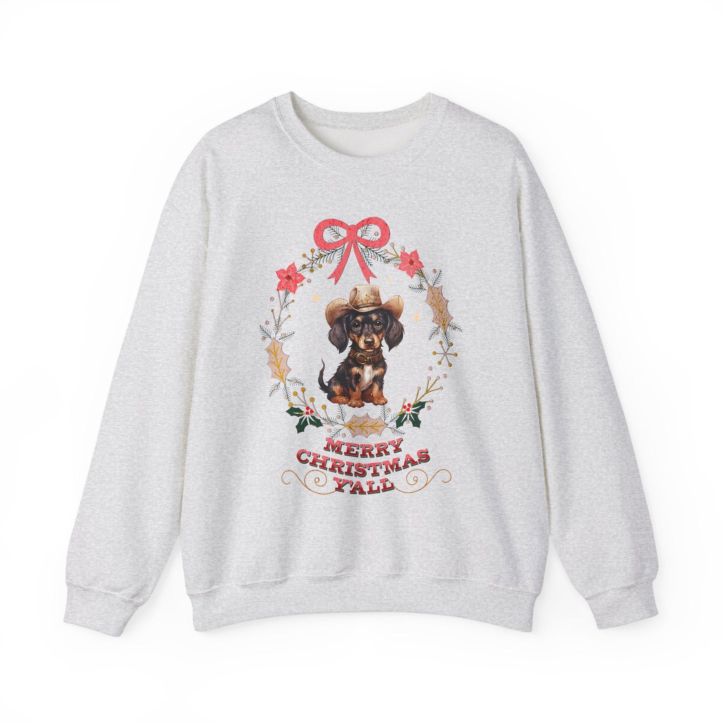 Western Dachshund Wiener Christmas Sweatshirt, Doxie Lover Gift Cowgirl Country Southern Rodeo Christmas Sweater, Animal Lover Farm Life Git Sweatshirt Printify S Ash 