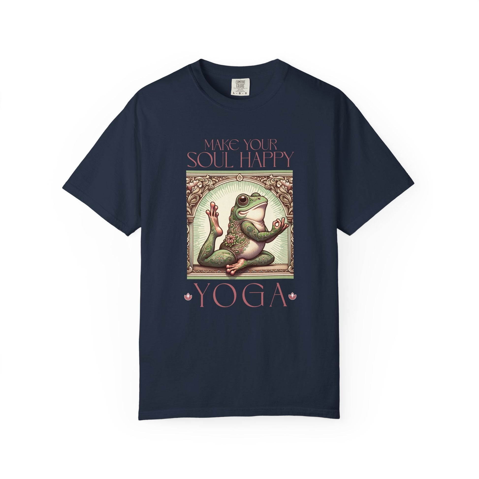 Yoga Frog Make Your Soul Happy Pink Unisex T-Shirt, Casual Wear, Highlander Fan Gift, Comfortable Graphic Tee T-Shirt Printify Navy S
