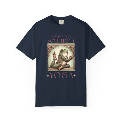Yoga Frog Make Your Soul Happy Pink Unisex T-Shirt, Casual Wear, Highlander Fan Gift, Comfortable Graphic Tee T-Shirt Printify Navy S