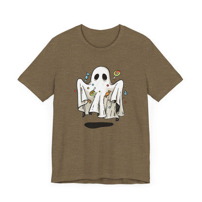 Cute Halloween Ghost Floating, Covered in Candy TShirt, Trick or Treat Shirt, Spooky Ghost Season Tee, Fun Halloween Party, Festival T-Shirt T-Shirt Printify   