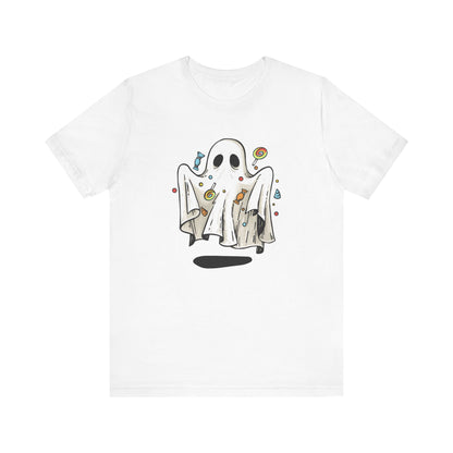 Cute Halloween Ghost Floating, Covered in Candy TShirt, Trick or Treat Shirt, Spooky Ghost Season Tee, Fun Halloween Party, Festival T-Shirt T-Shirt Printify   