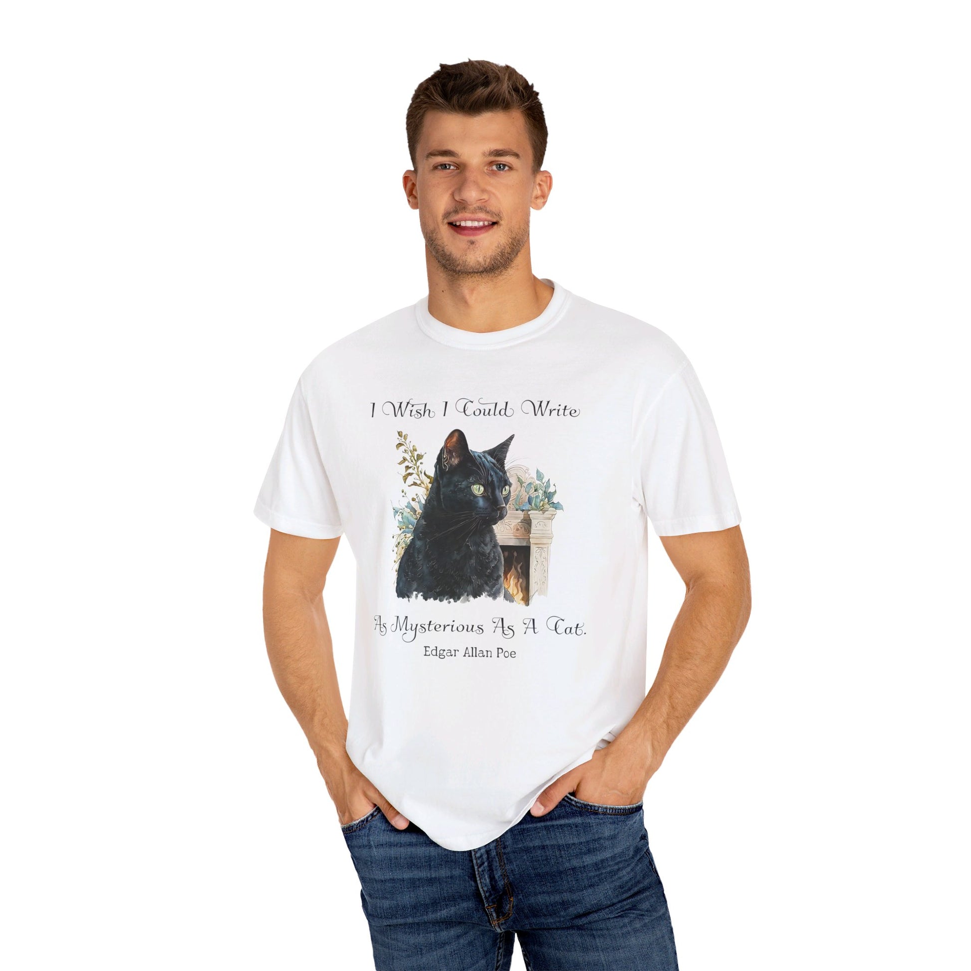 Edgar Allan Poe T-Shirt The Black Cat Nevermore The Raven Poe Fan Art Poetry Book Lover, Dark Cottagecore Macabre Gift, Light, Dark Academia T-Shirt Printify   