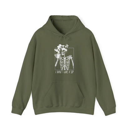 Halloween Skeleton Hoodie, Funny Coffee Drinking Skeleton, Spooky Season Sweater, Trick or Treating Shirt, Warm Halloween Party Hoodie Hoodie Printify Military Green S 