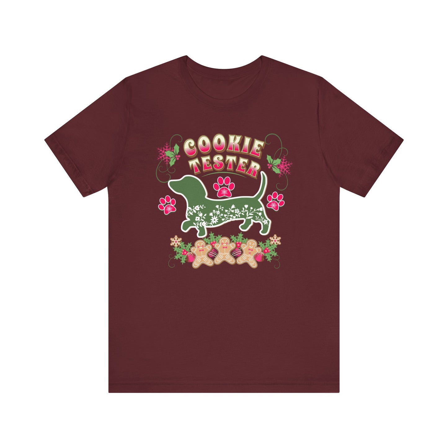 Christmas Dachshund Lover Baking TShirt,  Doxie Cookie Tester X-Mas T-Shirt, Dog Lover Shirt, Matching Family Christmas Cookie Baking Gift T-Shirt Printify Maroon XS 