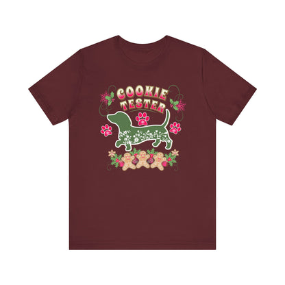 Christmas Dachshund Lover Baking TShirt,  Doxie Cookie Tester X-Mas T-Shirt, Dog Lover Shirt, Matching Family Christmas Cookie Baking Gift T-Shirt Printify Maroon XS 