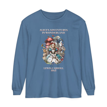 Alice in Wonderland Vintage Long Sleeve Shirt, Lewis Carroll Dark Academia TShirt, Mad Hatter Tea Party Queen of Hearts Bookish Booktok Gift Long-sleeve Printify Blue Jean S 