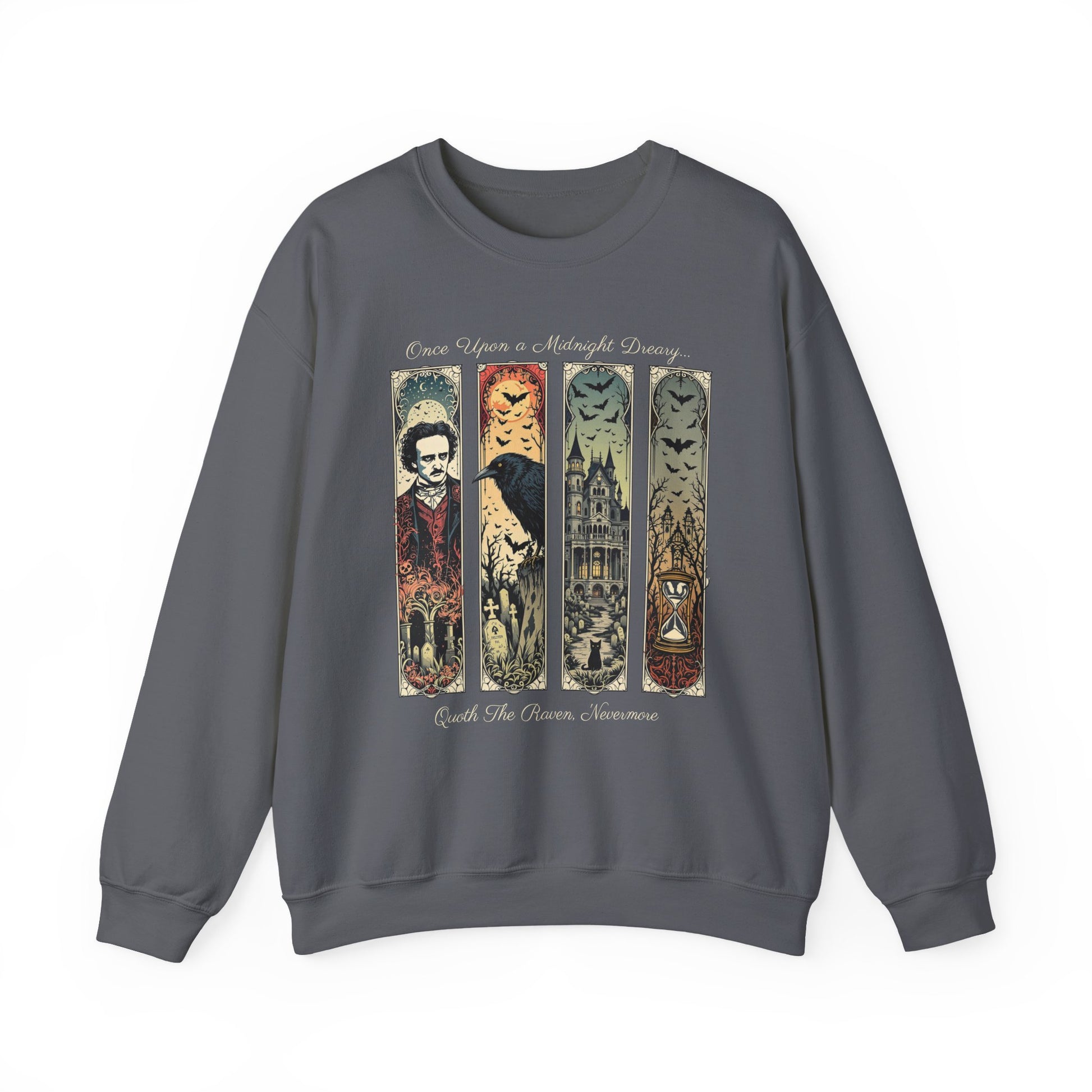 Edgar Allan Poe Sweatshirt The Raven Nevermore Gothic Horror Sweater Dark Academia Macabre Halloween Gift for Book Lovers Birthday Christmas Sweatshirt Printify Charcoal S